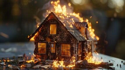 A miniature model of a detached house. fire. burning house. 