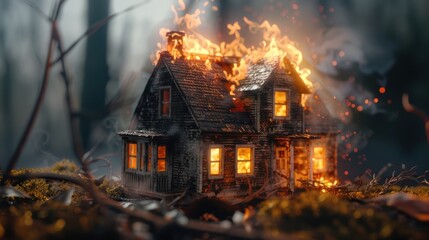 A miniature model of a detached house. fire. burning house. 