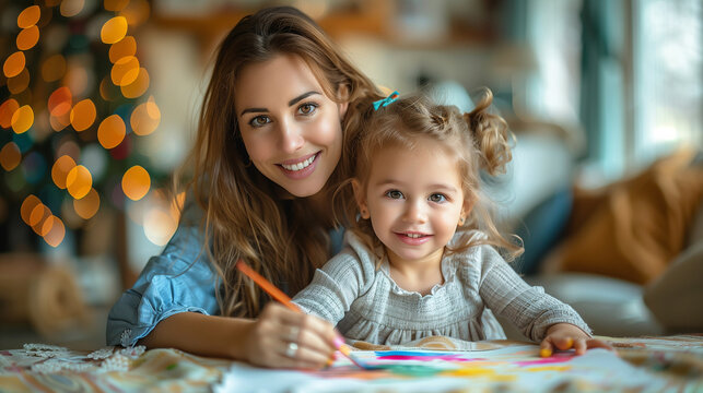 Mom and Little girl painting with colors on bright blur home background, creative children concept, with copy space.