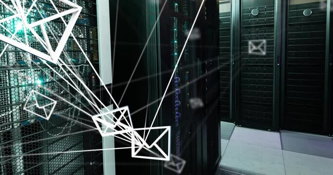 Animation of email icons and connections with digital data processing over computer servers
