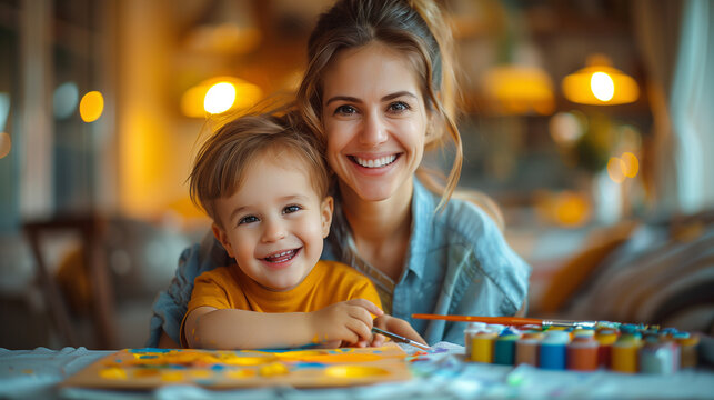 Mom and Little boy painting with colors on bright blur home background, creative children concept.