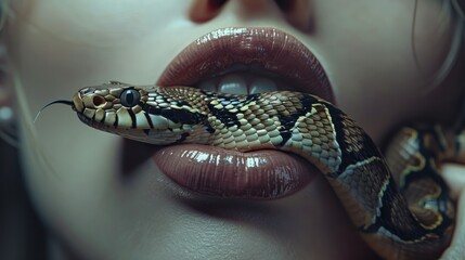 A woman's mouth with a snake wrapped around it. 