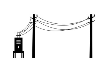 Power line supports. Electric pole. Black silhouette. Front side view. Vector simple flat graphic illustration. Isolated object on a white background. Isolate.