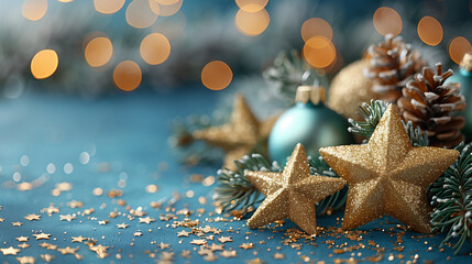 golden xmas stars on blue background for merry christmas or season greetings message,bright decoration.Elegant holiday season social post digital card. - obrazy, fototapety, plakaty