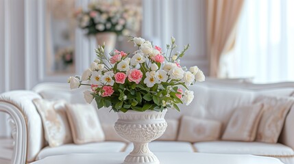 Flowers in a vase stand on a table in the living room