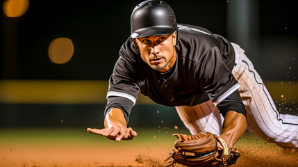Intense Baseball Player Sliding Into Base With Determination Under Night Lights.