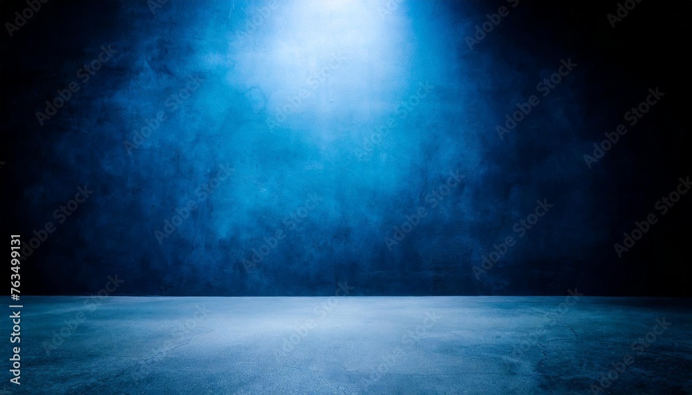 Wall mural empty dark blue studio background and grey floor concrete perspective with blue soft light well edit