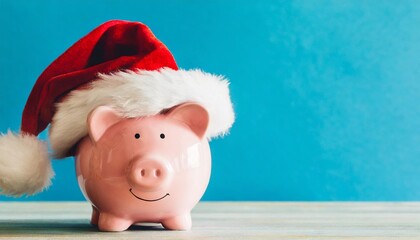 piggy bank with santa hat on blue background