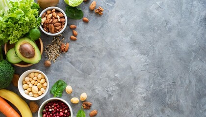 a selection of healthy foods on a gray concrete background ppt background