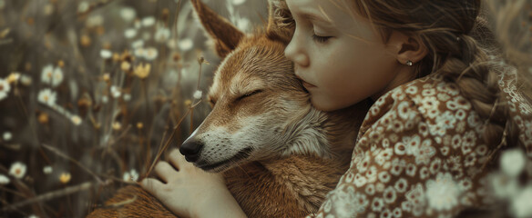 portrait of young girl hugging a fox