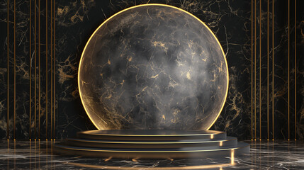 Minimalist black clean marble with gold vien Podium, a black luxury room in deep nordic design Background, ideal for luxury product displays,black and gold theme,big fulled moon - obrazy, fototapety, plakaty