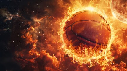 Panorama banner with basketball in celestial flames 