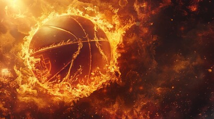 Panorama banner with basketball in celestial flames 