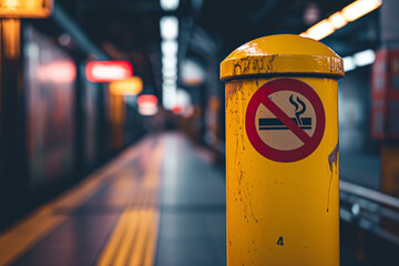 No smoking sign on a yellow bollard  - obrazy, fototapety, plakaty