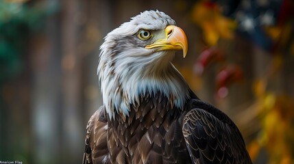 Obraz premium Close-Up Of A Bald Eagle's Head And Shoulders With A Colorful Autumnal Background