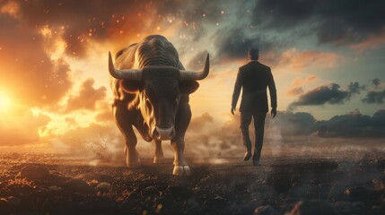 businessman facing a bull, dramatic lighting, stock market bull run concept 