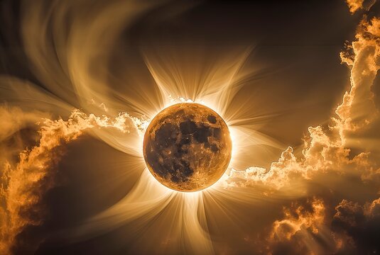 Cosmic Display Of A Full Moon Creating a Solar Eclipse, Surrounded By Luminous Clouds And Light Rays.