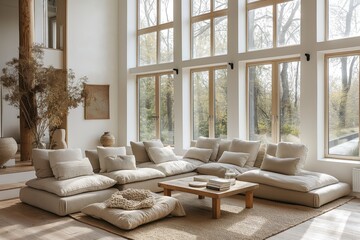 Modern interior design of house with big window and nature view. Interior mockup. Generative AI