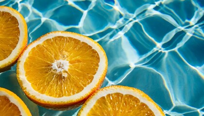 creative summer background with orange fruit slices in swimming pool water summer wallpaper with...