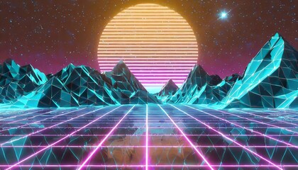 80s retro futuristic sci fi retrowave vj videogame landscape neon lights and low poly terrain grid stylized vintage vaporwave 3d illustration background with mountains sun and stars