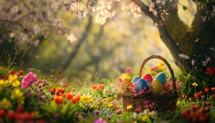 Enchanted easter basket in spring meadow