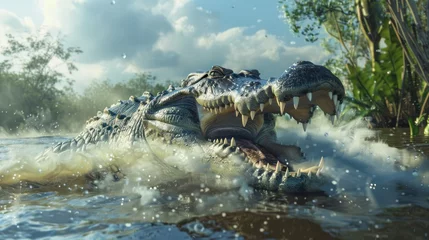 Foto op Canvas Crocodile Attack: Crocodiles are fierce predators. Has enormous strength Incidents of crocodiles attacking humans often occur in areas of water. © Phuwadon