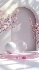 Minimalist pink clean acrylic Podium, front view focus, a cute white girly style room in modern design Background