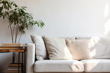 Hobbies, leisure, interior and design concept. Couch and books illuminated with natural sunlight through window
