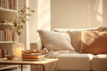 Hobbies, leisure, interior and design concept. Couch and books illuminated with natural sunlight through window