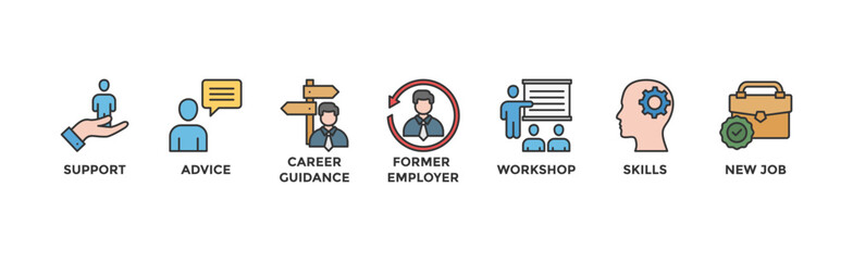 Outplacement banner web icon vector illustration concept with icon of support, advice, career guidance, former employer, workshop, skills, new job, training, and presentation