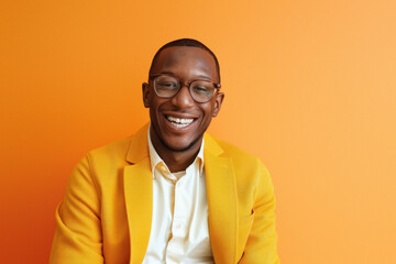 A man in a stylish orange blazer giving a friendly smile at the camera, feeling comfortable and relaxed - obrazy, fototapety, plakaty