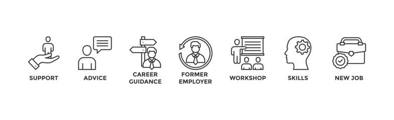 Fototapeta premium Outplacement banner web icon vector illustration concept with icon of support, advice, career guidance, former employer, workshop, skills, new job, training, and presentation