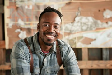 Obraz premium A smiling man with a backpack posing in front of a rustic wooden backdrop, exuding confidence and ease