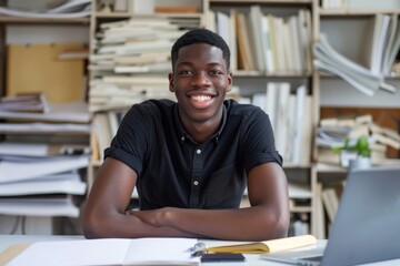 A young professional smiles confidently in front of a laptop in a well-organized office - obrazy, fototapety, plakaty
