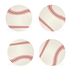 Baseballs is an illustration of a baseball in four styles from simple black and white to complex full color. baseball in white leather with red stitches. 19