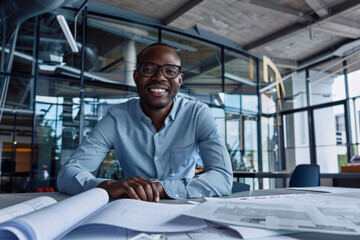 Confident male architect with glasses sits with architectural plans in a modern office - obrazy, fototapety, plakaty