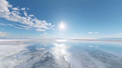 The largest saltwater lake in the world Flat white salt as far as the eye can see. Reflecting the sky like a mirror