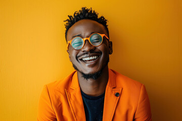 A stylish man in a vibrant orange blazer poses confidently against a monochromatic yellow wall, exuding fashion and confidence
