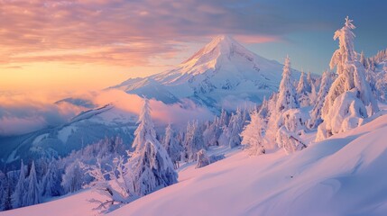 A snow-covered mountain stands tall in the background, with a dense forest of trees in the foreground - Powered by Adobe