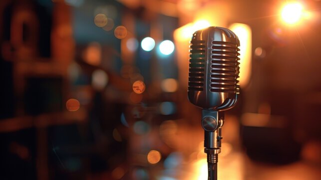 Close up of microphone in conference room with blurred bokeh light background. AI generated image