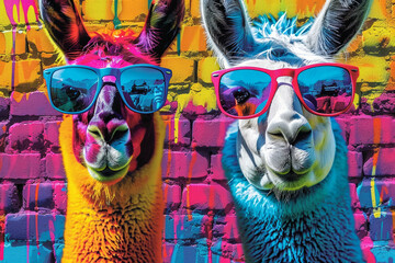 Fototapeta premium Two llamas wearing sunglasses and one of them is pink. The sunglasses are blue and yellow. The llamas are smiling and looking at the camera. colors and patterns in the body of two llamas