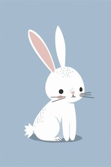 Fototapeta premium minimalist easter bunny card, Cute white rabbit, pink ears, simple flat illustration style, blue background,
