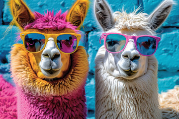 Fototapeta premium Two llamas wearing sunglasses and one of them is pink. The sunglasses are blue and yellow. The llamas are smiling and looking at the camera. colors and patterns in the body of two llamas