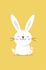 Obraz premium minimalist easter bunny card, Cute white rabbit, pink ears, simple flat illustration style, yellow background,