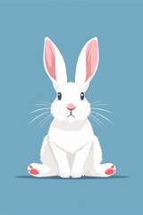 Obraz premium minimalist easter bunny card, Cute white rabbit, pink ears, simple flat illustration style, blue background,