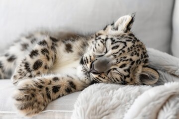 snow leopard cub lies and sleeps on the couch