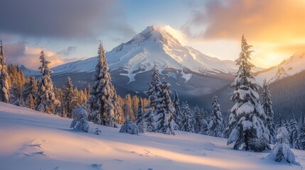 A snow-covered mountain looms in the background, surrounded by tall trees in the foreground