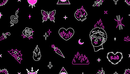 Y2k glamour elements vs Old School tattoo background of seamles pattern: flamed heart, rose flower, antique statue head, fire, dagger, snake, etc vector elements for print fabric and textile design