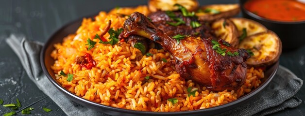 jollof rice adorned with succulent chicken pieces and golden fried plantain, a quintessential dish...