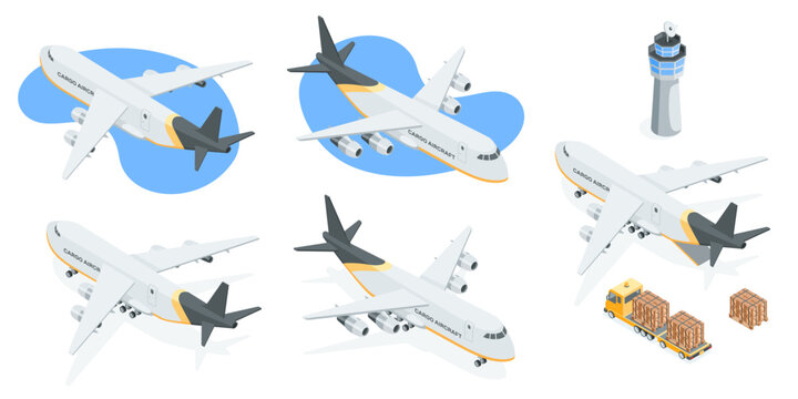 isometric vector set of cargo plane, in color on a white background, transportation or delivery of goods by air